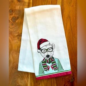 Cynthia Rowley Hipster Polar Bear Christmas Dish Towel NWOT Holiday Decor
